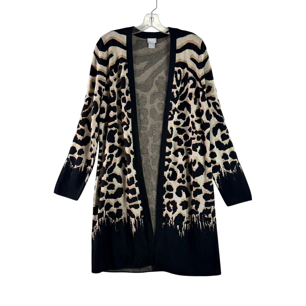 Chico's Long Sleeve Animal Print Open Front Long Cardigan Sweater Black Tan 2 L